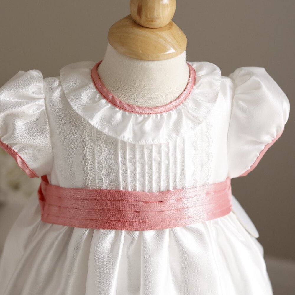 White Flower Girl Dress with Coral Sash and Bloomer Taffeta Silk 12 Month